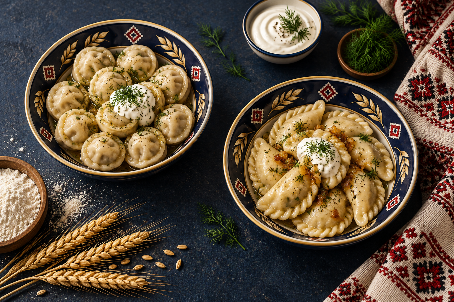 Pelmeni și colțunași serviți în vase tradiționale